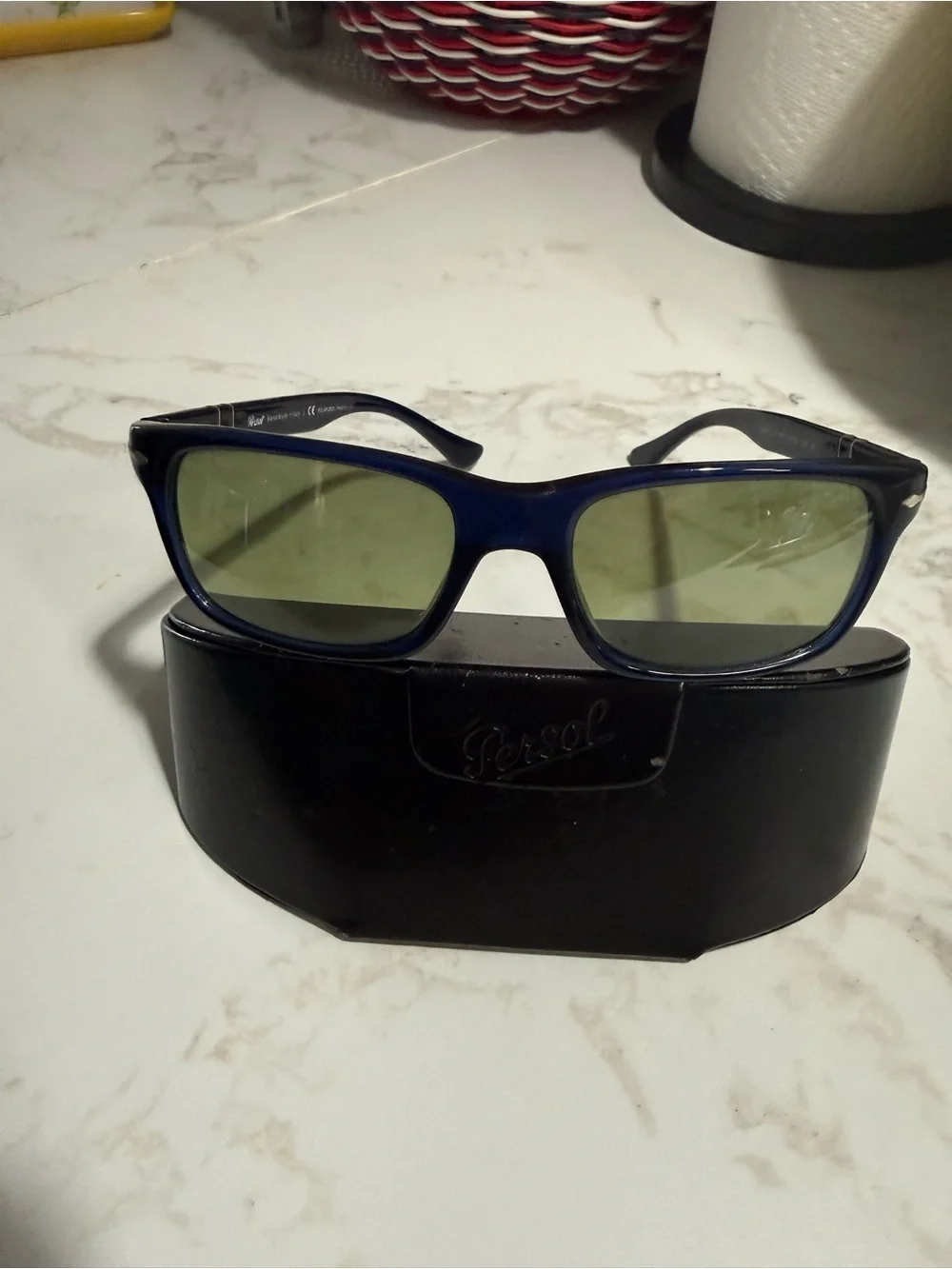 Persol Navy Blue Frame Sunglasses with Green Lenses